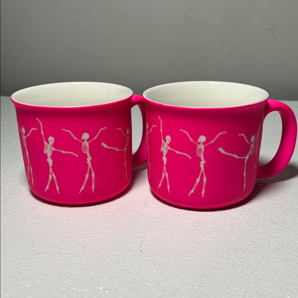 Sunday Morning Ceramics Pink Skeleton Design Oversized Coffee Mugs Set 2
